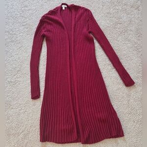 Long Ribbed Open Cardigan in Deep Red